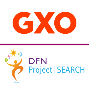 The logos of logistics company, GXO and charity, DFN Project Search who partner with Mencap to deliver a supported internship programme.