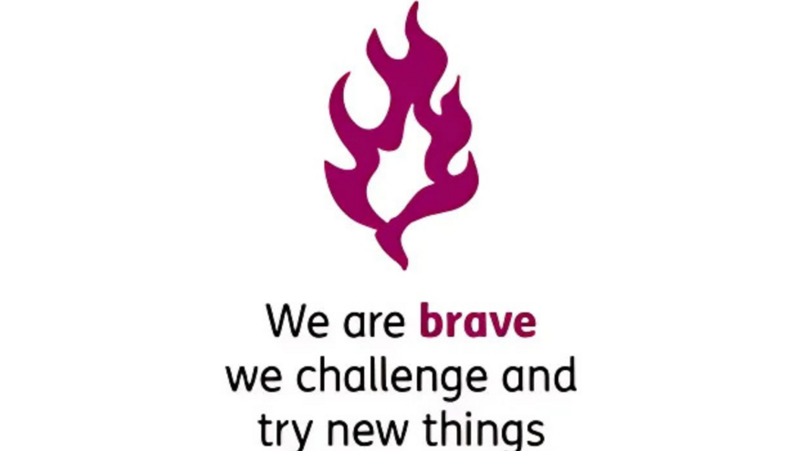 A drawing of a flame. The caption underneath says: "we are brave. We challenge and try new things".
