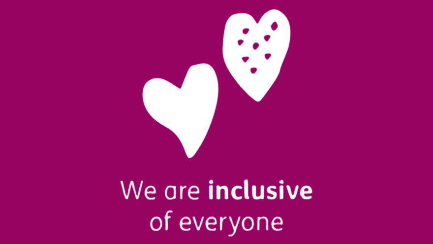 A picture of two love hearts. The caption underneath says: "we are inclusive of everyone".