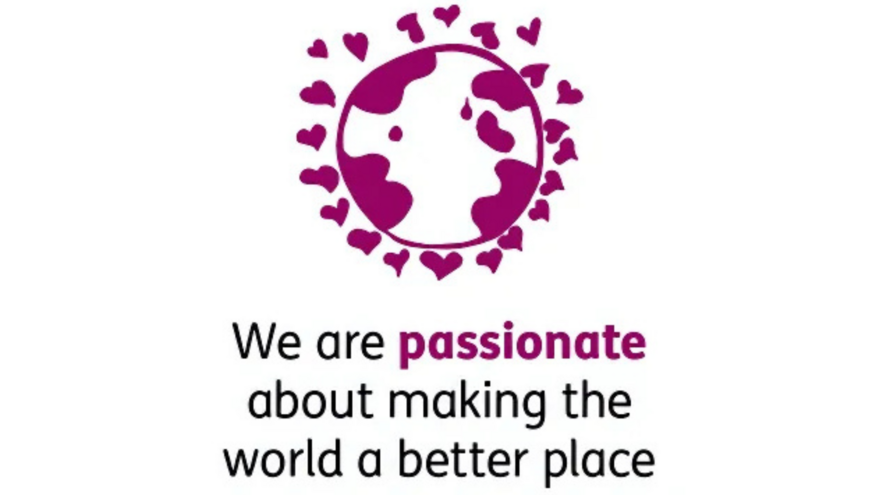 A drawing of the world with love hearts around it. The caption underneath says "we are passionate about making the world a better place".