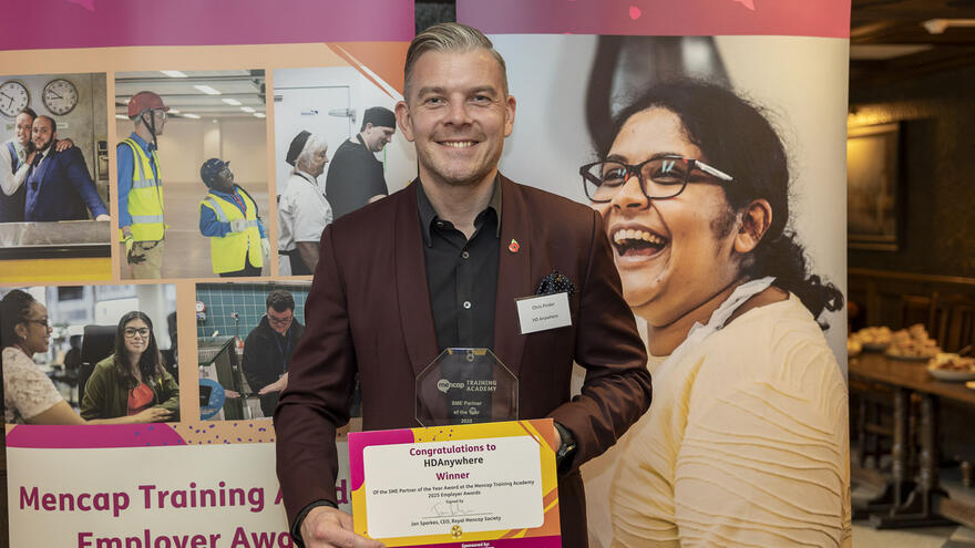 Chris Pinder, the Chief Executive at HDAnywhere with his nomination certificate for Biggest Individual Contribution and the award for SME Partner of the Year at the 2025 Mencap Training Academy Employer Awards.